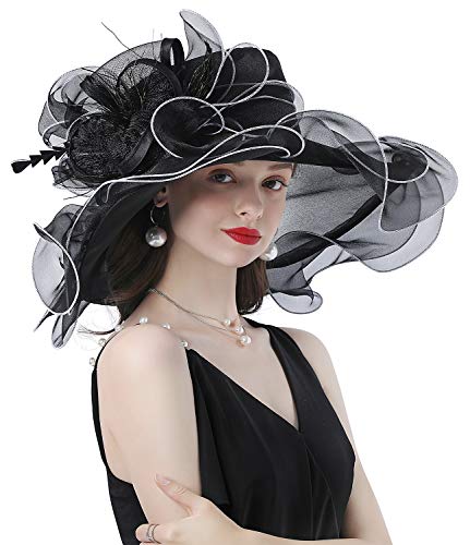Z&X Women Organza Church Derby Hat Wide Brim Sun Hats for Wedding Tea Party Fascinator Hat, Dual-use - color: 2003- Black