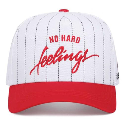 No Hard Feelings Snapback Cap Striped Trucker Hat - color: White