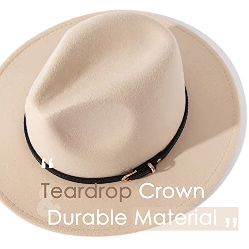 Lisianthus Women Classic Felt Fedora Wide Brim Hat with Belt Buckle - color: Q Black Belt-creamy