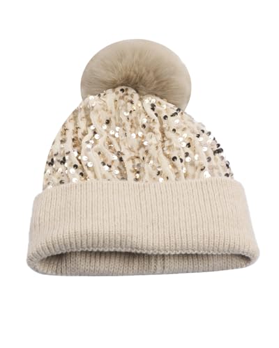Women Sparkly Sequins Knitted Beanie Hat Warm Winter Skull Cap with Faux Fur Pom Pom - color: X Beige With Knit Cuffs