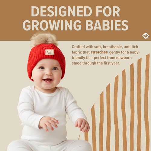 Funky Junque Baby Pom Pom Beanie – Soft Knit Infant Winter Hat for Baby Girls & Boys, Cozy Warm Newborn Beanie 0–12 Months - color: Diagonal Basketweave Pattern - Red