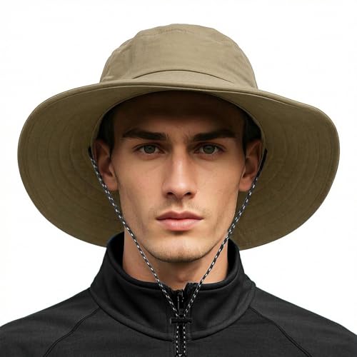Bucket Rain Hat with Chin Strap Quick Dry Outdoor Bucket Hats for UV Protection Boonie Sun Hat Men Women - color: Khaki