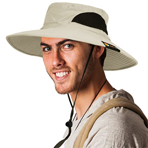 SUN CUBE Wide Brim Sun Hat for Men & Women, UPF 50+ UV Protection, Mesh Boonie Hat with Chin Strap, Fishing Hiking Hat - color: Beige