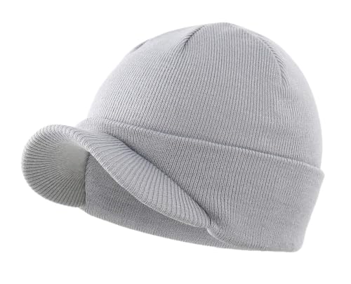 Home Prefer Men's Winter Beanie Hat with Brim Warm Double Knit Cuff Beanie Cap Watch Radar Hat - color: Light Gray