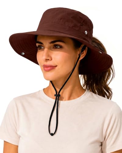 Wide Brim Waterproof Bucket Rain Hat for Women Men UPF50+ Cowboy Sun Hat - color: Rust