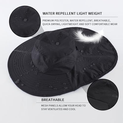 Home Prefer Outdoor UPF50+ Sun Hat Wide Brim Mesh Fishing Hat with Neck Flap - color: Black