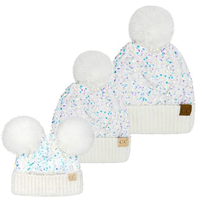 Funky Junque Mommy & Me Double Pom Beanies 3-Pack Matching Winter Hats for Mom, Toddler & Infant Girls, Cozy Knit Family Set - color: Sequin - White