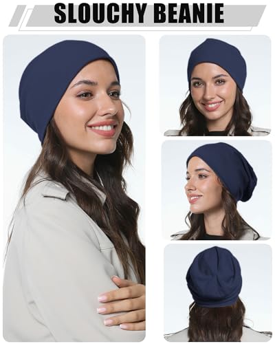 vidsel Slouchy Beanie Hats for Women & Men Cotton Knit Cuffed Skull Cap - color: 1-navy Blue