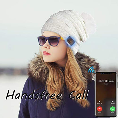 Wireless Music Beanie Women Beanie Girls Hat Over Ear Headset Sports Stereo Headphone with Microphone Speaker Womens Beanie Cap Snow White - color: Snow White