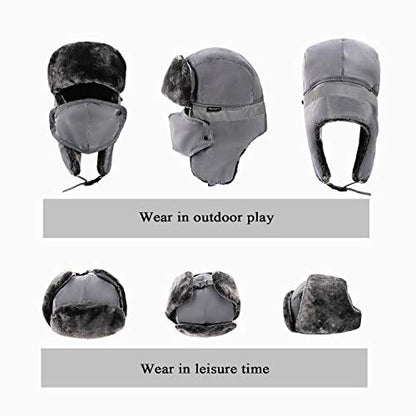 Winter Trapper Hats Ushanka Russian- Men Women Trooper Ear Flaps Hunting Face Masks Ski Snow Cold Weather - color: Grey