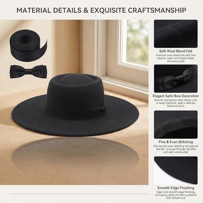 Black Wide Brim Fedora Hat Satin Bow Flat Top Wedding Cap for Women