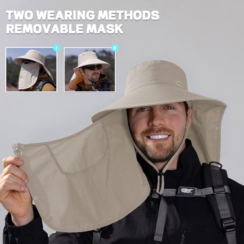 Rosoz Sun Hat for Men Women with Neck Flap& Removable Face Cover Wide Brim - color: 1pack-khaki