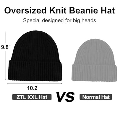ZTL M/L/XL/XXL Merino Wool Beanie for Men Women, Fleece Lined Large Winter Hat, Big Knitted Cuffed Beanie Ski Skull Cap - color: Black, size: X-Large-XX-Large