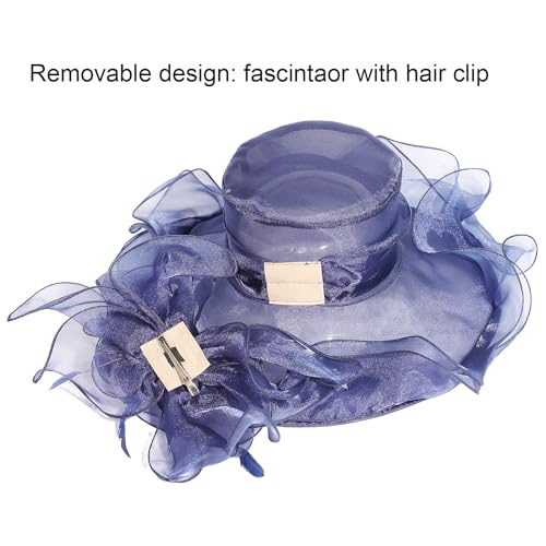 Women Oganza Sun Hat Church Wide Brim Wedding Formal Fascinator Hat - color: Navy