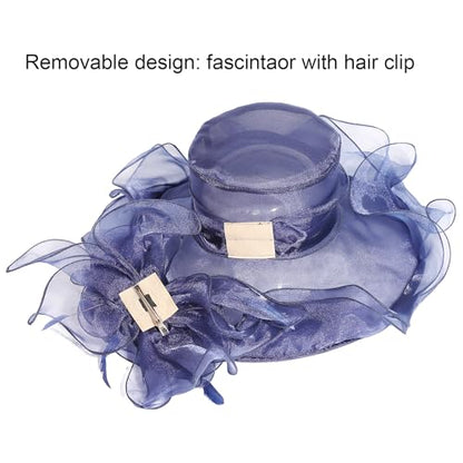Women Oganza Sun Hat Church Wide Brim Wedding Formal Fascinator Hat - color: Navy
