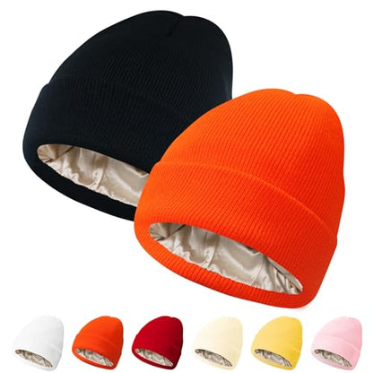 PFFY Womens Satin Lined Beanie Silk Lining Winter Hats Beanies for Women - color: Black+orange