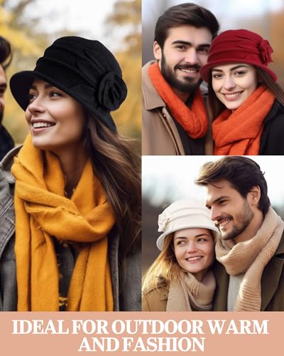 3 Pcs Church Hat for Women Cloche Bucket Winter Beret Hat French 3D Floral Wool Fleece Winter Cap Headgear, 56-58cm - color: Black White Dark Red