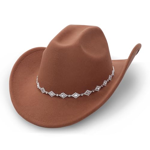DRESHOW Women's Western Cowboy Hat Rhinestone Cowboy Cowgirl Hat Glitter Wide Brim Felt Fedora Hats Unisex Rolled up Caps - color: 1 Pack Style 11: Khaki