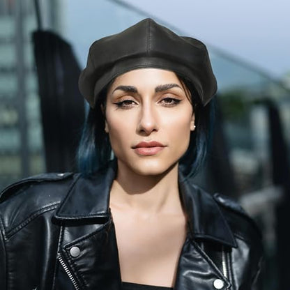 Women PU Leather French Beret Hat, 8-Panel Classic Artist Cap Causal Beanie Black, M