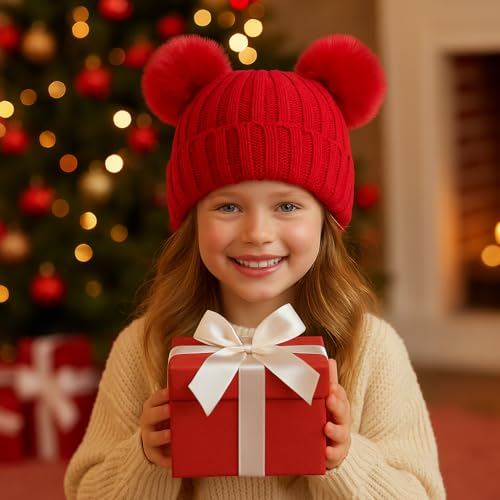 Toddler Winter Knit Hat Upgrade Fleece Lined Pompom Ears Beanies Cap for Boys Girls 3-12 Years - color: Red