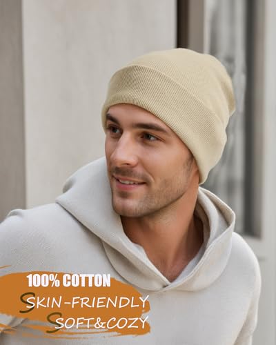 vidsel 100% Cotton Beanie Hat-Unisex Winter Knit Cuffed Beanies Skull Cap - color: 1-khaki