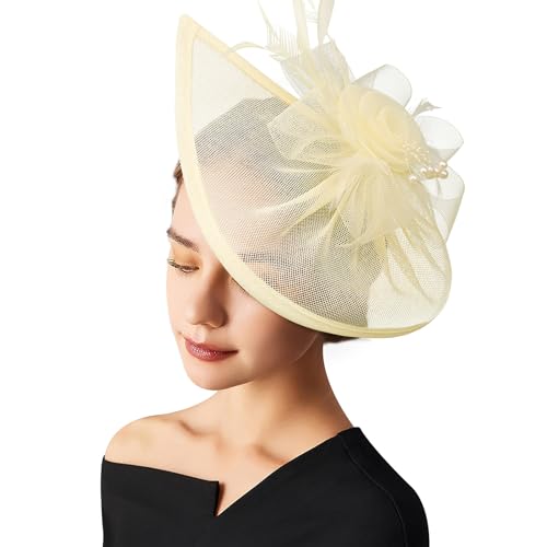 AQOKKA Women Fascinators Hats Flower Fascinators with Headband and Clip Tea Party Headwear for Women and Girls - color: Feather Flower: Beige