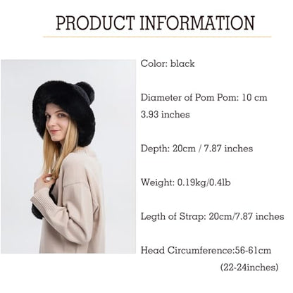 Womens Faux Fur Hat with Fluffy Pompom for Winter Fuzzy Knitted Beanies Skull Cap Warm Earflaps Cold Weather Cute - color: Black