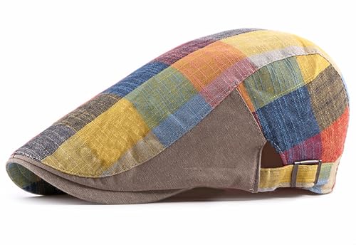DIYDECAL Plaid Newsboy Hats Retro Flat Cap Gatsby Cabbie Driving Hat for Mens Womens - color: Yellow Colorful