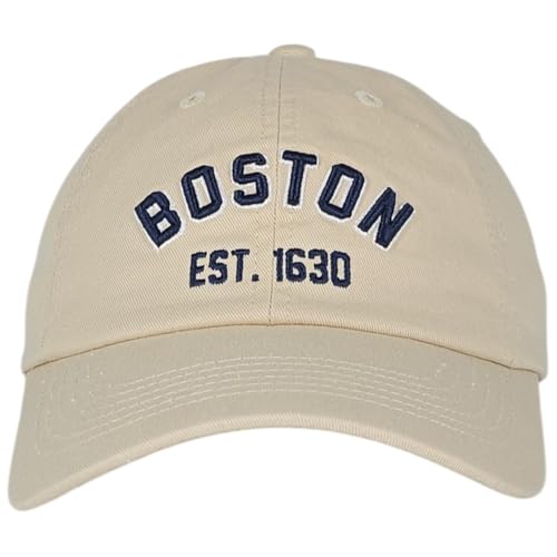 E BY ELIDAN Boston EST 1630 Dad Hat, Embroidered Cotton Baseball Cap - color: Stone Est 1630