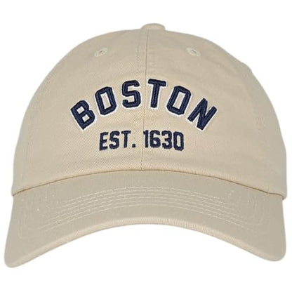 E BY ELIDAN Boston EST 1630 Dad Hat, Embroidered Cotton Baseball Cap - color: Stone Est 1630