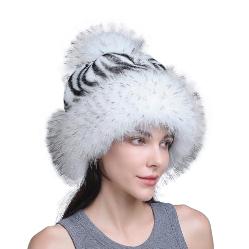 GREUS Winter Faux Fur Cossack Russian Style Hat for Women Fluffy Leopard Pompom Beanie Skull Cap Warm Ushanka Bucket Hat - color: Snow-white Tiger
