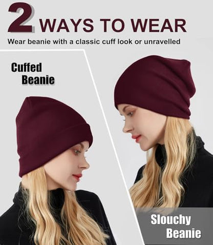 Womens Satin Lined Beanie Wool Silk Lining Slouchy Warm Skull Cap - color: 1pcs Wine Red