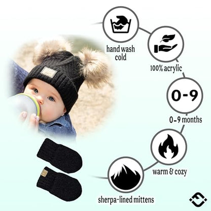Funky Junque Baby Double Faux Fur Pom Pom Beanie & Mittens Set – Newborn Infant 0–9 Months Winter Hat with Soft Lined Mittens - color: Diagonal Basketweave: Black (0-9 Months)