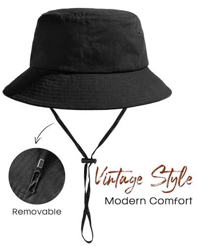 FURTALK Bucket Hats for Women Washed Cotton Packable Summer Beach Sun Hats Bucket Hat with Strings for Travel - color: Black