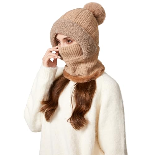 HUAMULAN Women Cable Knit Balaclavas Winter Fleece Lined Beanie Hat - color: Solid Khaki