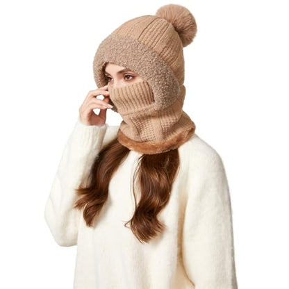 HUAMULAN Women Cable Knit Balaclavas Winter Fleece Lined Beanie Hat - color: Solid Khaki