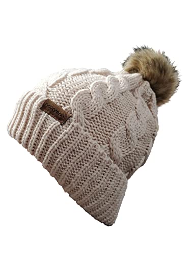 Novarena Thick Cable Knit Faux Fuzzy Fur Pom Fleece Lined Skull Cap Cuff Beanie - color: Beige Pom Beanie