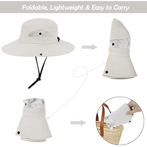 Women's Outdoor-UV-Protection-Foldable-Sun-Hats-Wide-Brim Hat Ponytail-Hole - color: Beige