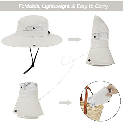 Women's Outdoor-UV-Protection-Foldable-Sun-Hats-Wide-Brim Hat Ponytail-Hole - color: Beige
