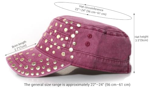 Studded Military Cap for Women Men Cadet Army Cap Flat Top Hat - color: Wine Red