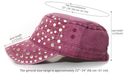 Studded Military Cap for Women Men Cadet Army Cap Flat Top Hat - color: Wine Red