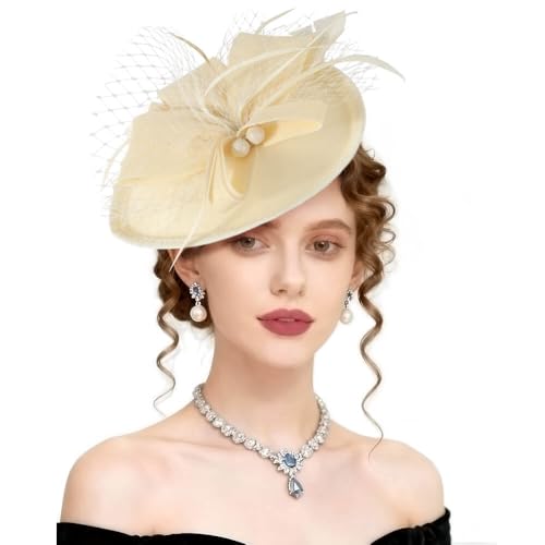 AQOKKA Women Fascinators Hats Flower Mesh Feathers Headband Clip - color: 1 Pc Feather Fascinators : Beige