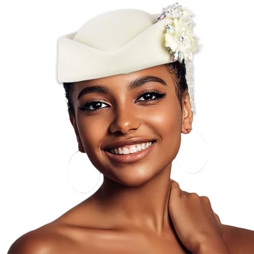 Women's Retro Stewardess Felt Hat, British Berets, Rhinestone Flower Decor, Ladies' Church Derby Hat - color: Tassel Style-white