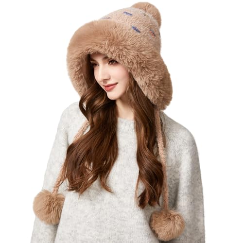 Women Winter Sherpa Beanie Hats Knit Ear Flap Hat Fleece Lined - color: Khaki With 3 Pompoms