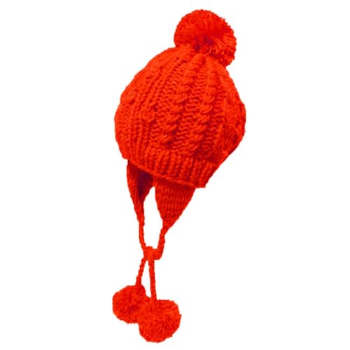Women Winter Crochet Hat Cable Knit Beanie Ski Ear Flaps Pom Cap - color: Red