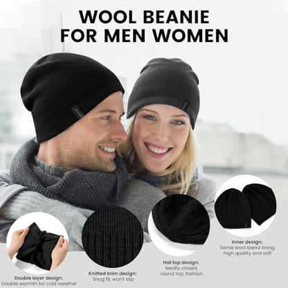 Wool Blend Ribbed Knit Beanie for Men Women, Double Layer Warm Winter Hat Beanies Skull Cap - color: Black