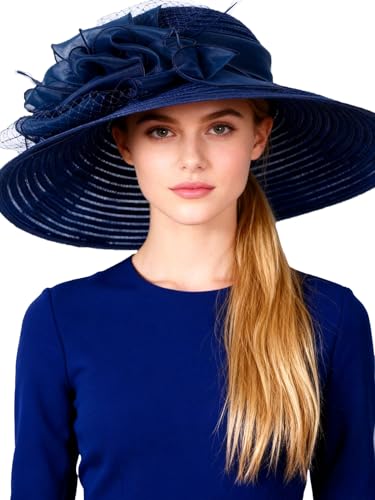 Vintage Fascinators Pillbox Hat for Women Straw Fedora Wide Brim Ladies Church Sinamay Derby Hats - color: Navy Blue