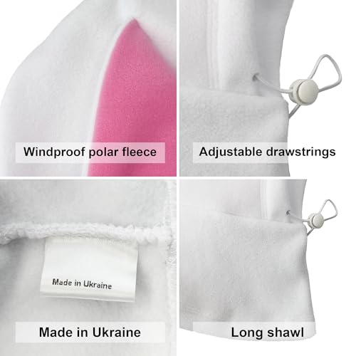 Fleece Balaclava Over Helmet - Warm Helmet Ninja Hood - Snowboard Hooded Hat Neck Gaiter Ski Mask - color: White&pink|bunny, size: One Size