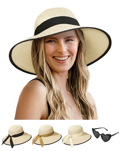 Sun Straw Hats for Women, Wide Brim Summer Beach Hat - color: Beige Black, size: Large