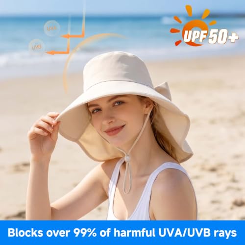 Womens Ponytail Hole Sun Hat with Neck Flap Outdoor UPF 50+ - color: Beige
